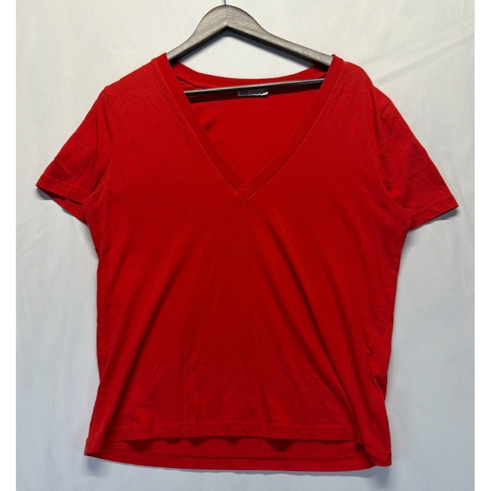 Zara T Shirt Womens Medium Red Cotton Deep V Neck Outdoor Casual Everyday Wear